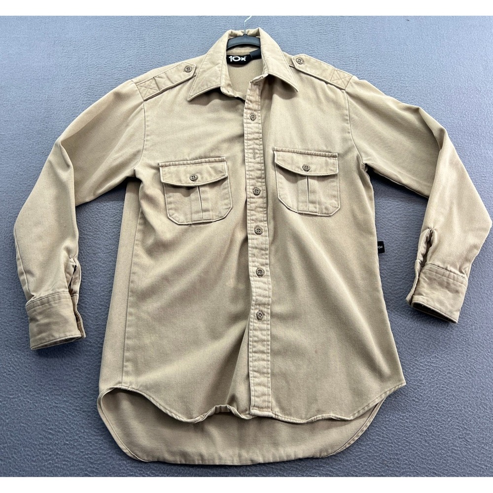 10X Shirt Mens Sz M Khaki Tan Utility Workwear Button Up Shirt Long Sleeve